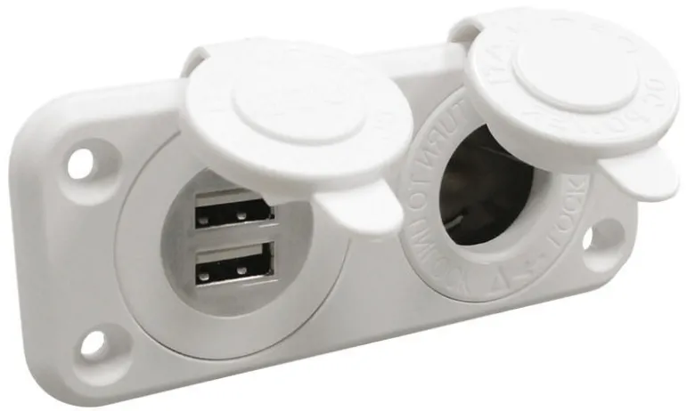 Cigarettändaruttag + dubbelt USB-uttag, vitt